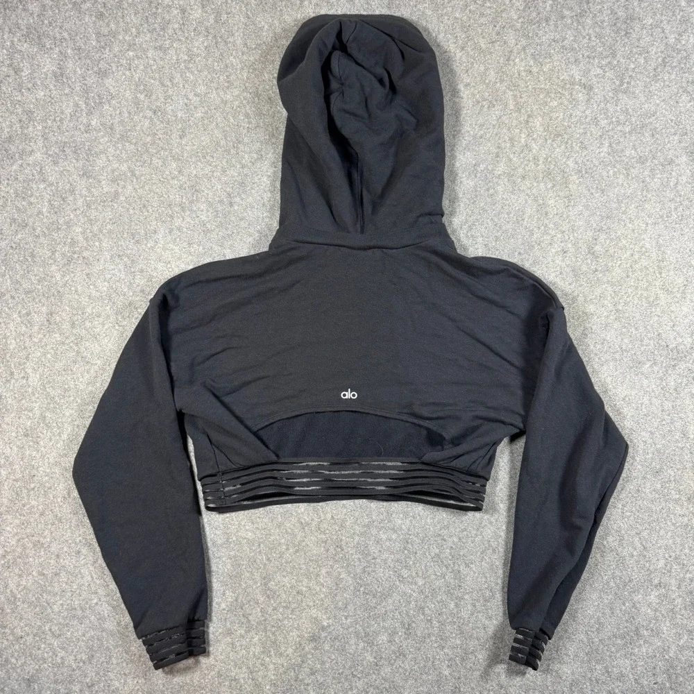 Alo Yoga Hoodie Womens XS Black Cropped Mesh Trim Back Cutout Fleece Sweatshirt